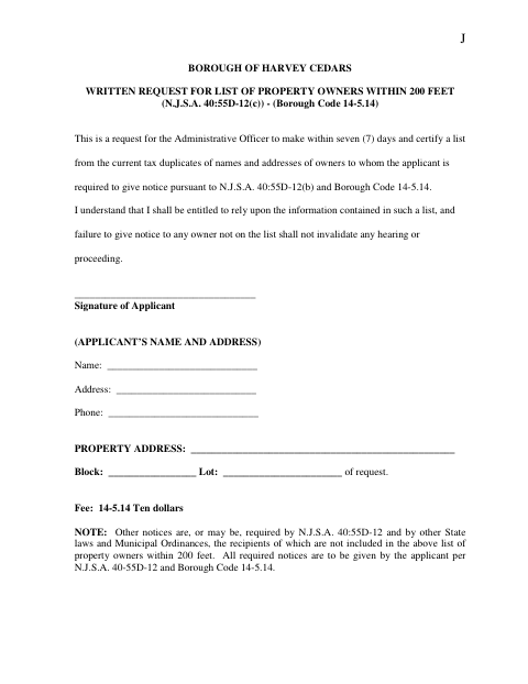 First page of the Written Request for List of Property Owners Within 200 Feet