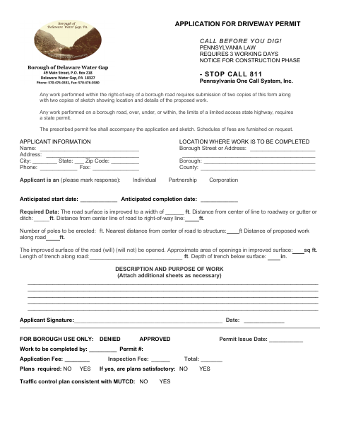 First page of the Driveway Permit Application