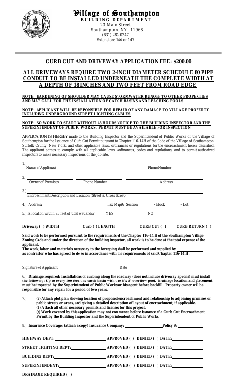 First page of the Curb Cut and Driveway Application