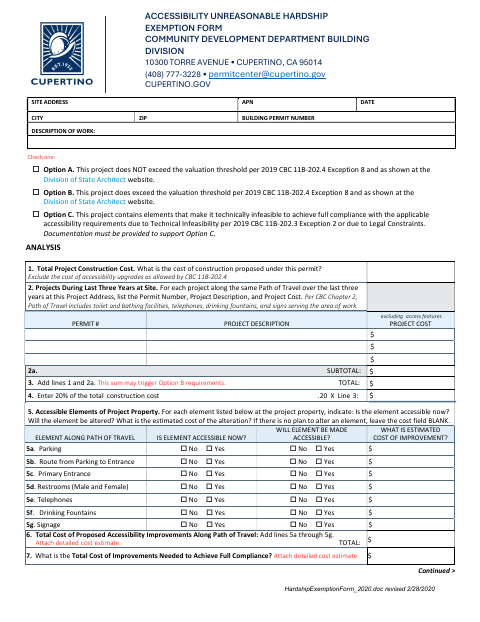 First page of the Technically Infeasible / Unreasonable Hardship Exemption Form