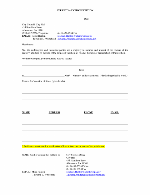First page of the Street Vacation Petition
