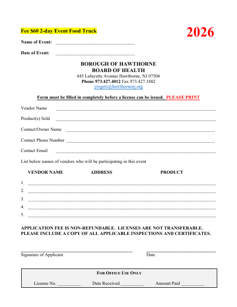 First page of the 2-Day Event Food Truck Application