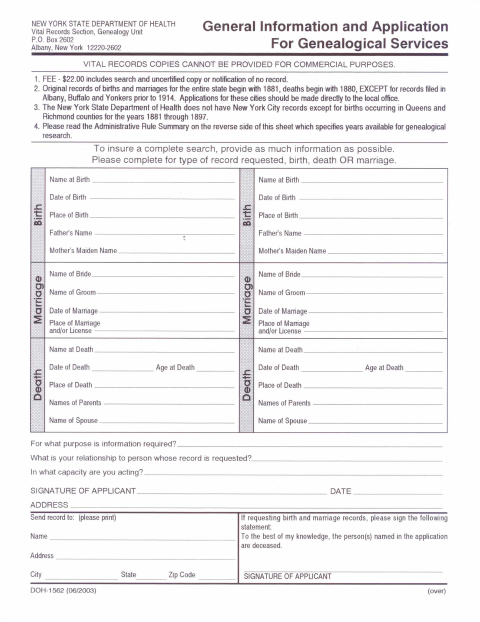 First page of the Genealogical Services Application