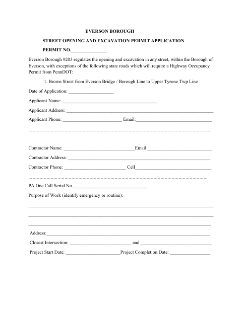 First page of the Street Opening and Excavation Permit Application