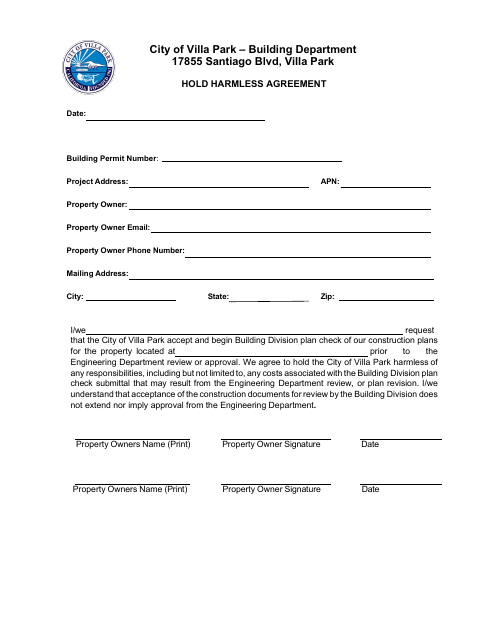 First page of the Hold Harmless Agreement