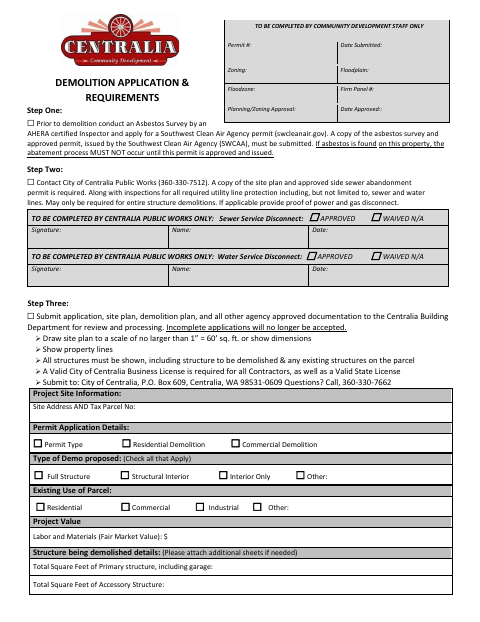First page of the Demolition Permit Application