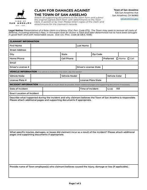 First page of the Claim for Damages