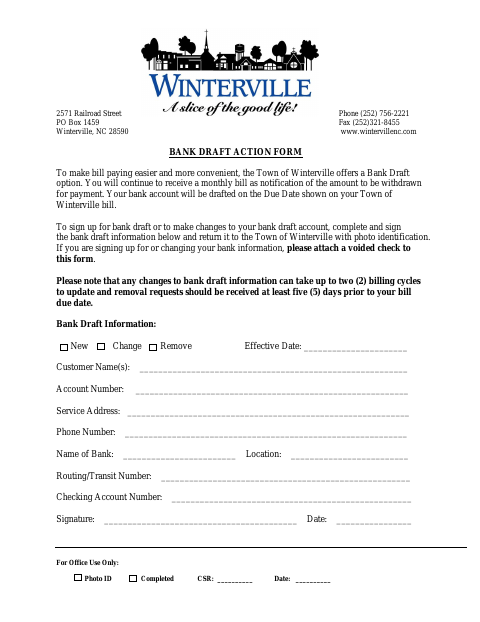 First page of the Bank Draft Action Form