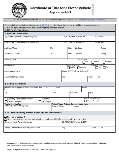 First page of the Montana Motor Vehicle Title Application (MV1)