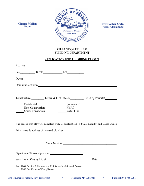 First page of the Application for Plumbing Permit