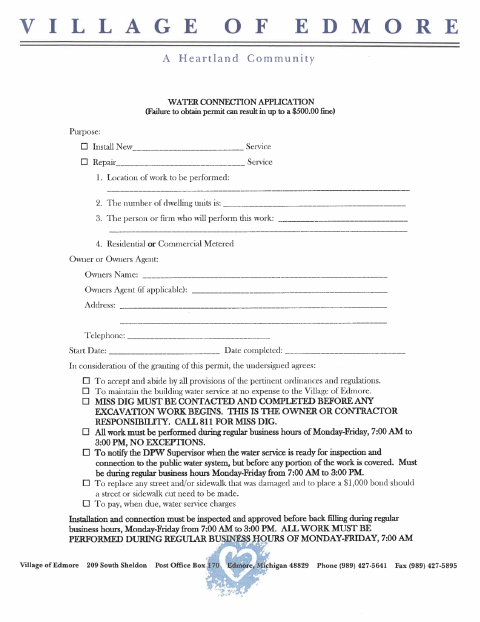 First page of the Water Connection Application