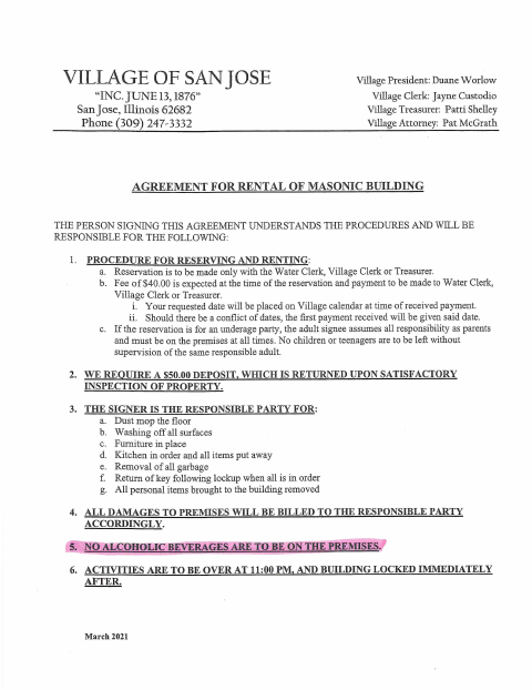 First page of the Masonic Building Rental Agreement
