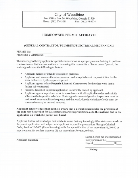 First page of the Homeowner Permit Affidavit