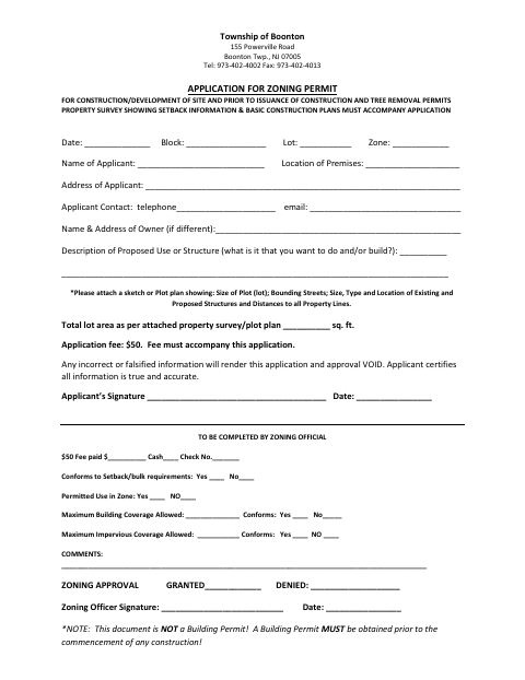 First page of the Application for Zoning Permit for Construction or Site Development