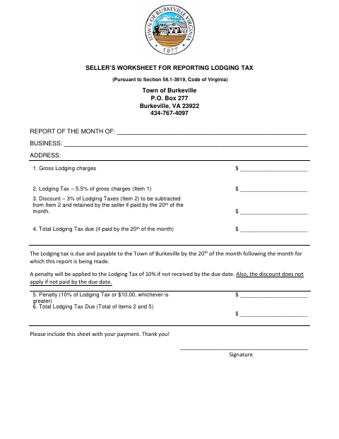 First page of the Seller’s Worksheet for Reporting Lodging Tax