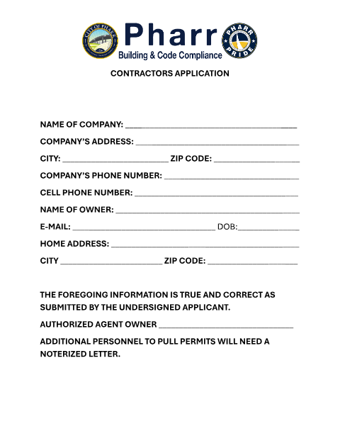 First page of the Contractors Application