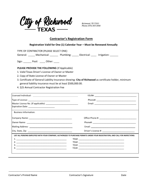 First page of the Contractor Registration Form