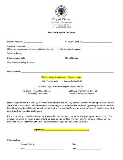 First page of the Disconnection of Services