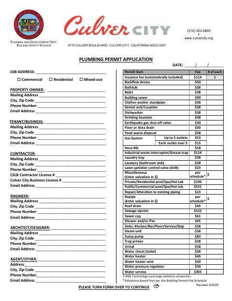 First page of the Plumbing Permit Application