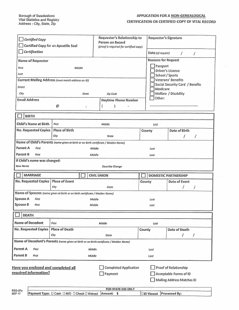 First page of the Non-Genealogical Vital Record Application
