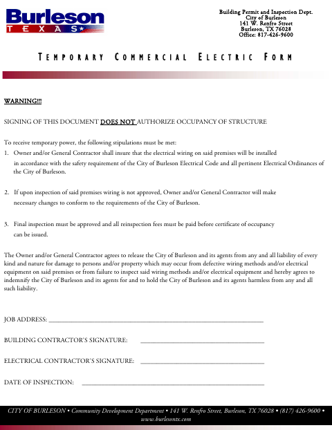 First page of the Temporary Commercial Electric Form