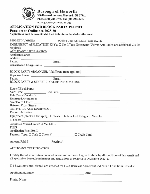 First page of the Block Party Permit Application
