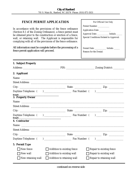 First page of the Fence Permit Application