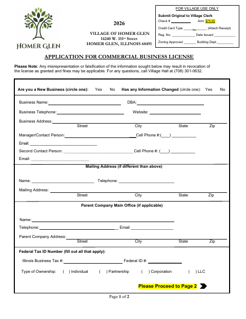 First page of the Application for Commercial Business License