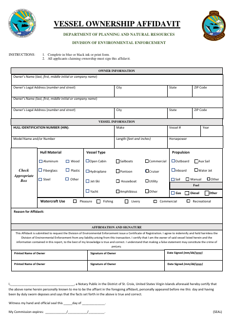 First page of the Vessel Ownership Affidavit