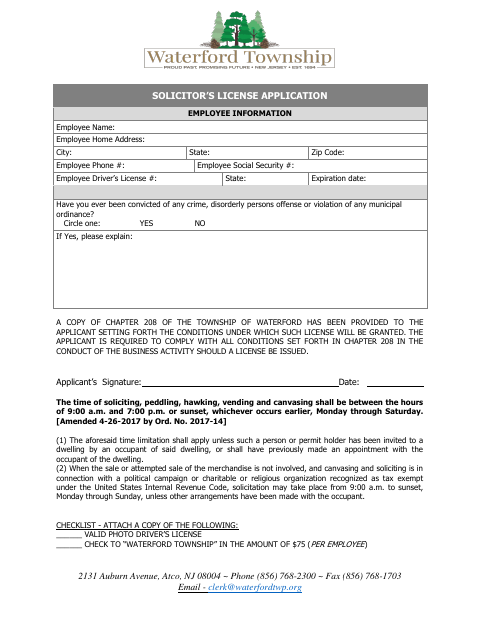 First page of the Peddler, Solicitor, and Seasonal Sales License Application