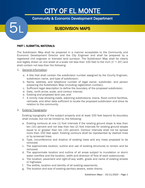First page of the Subdivision Map Application