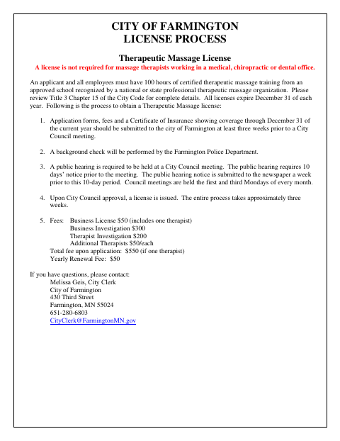 First page of the Therapeutic Massage License Application
