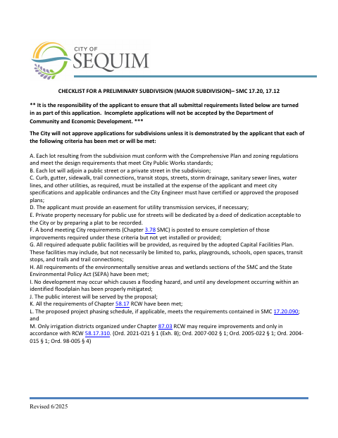 First page of the Checklist for a Preliminary Subdivision (Major Subdivision)