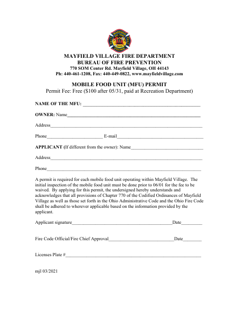 First page of the Mobile Food Unit Permit