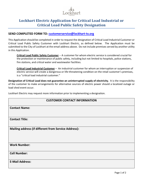 First page of the Application for Critical Load Industrial or Critical Load Public Safety Designation