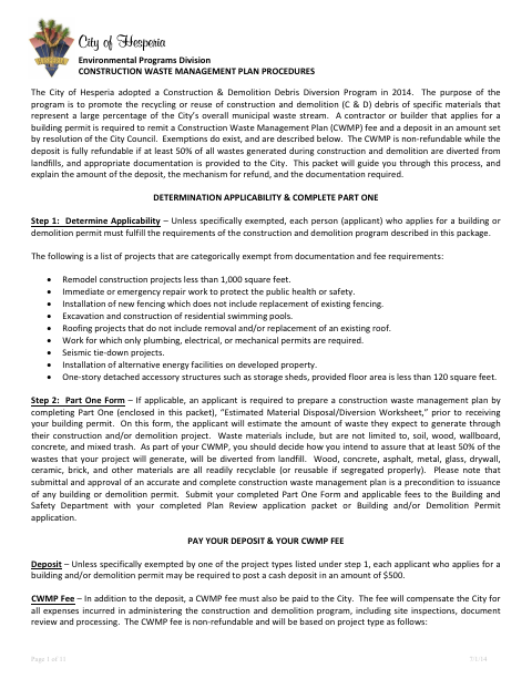 First page of the Construction Waste Management Plan Procedures