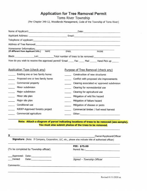 First page of the Tree Removal Permit Application