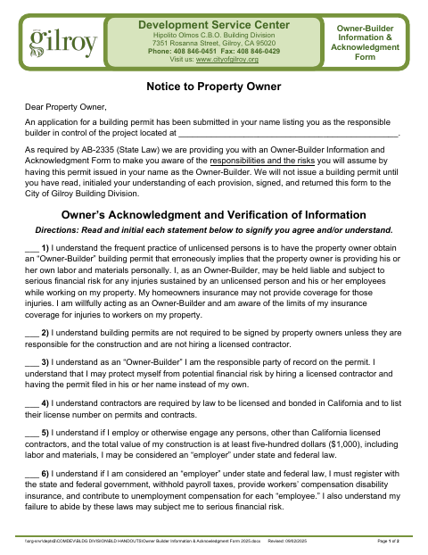First page of the Owner-Builder Information & Acknowledgment Form