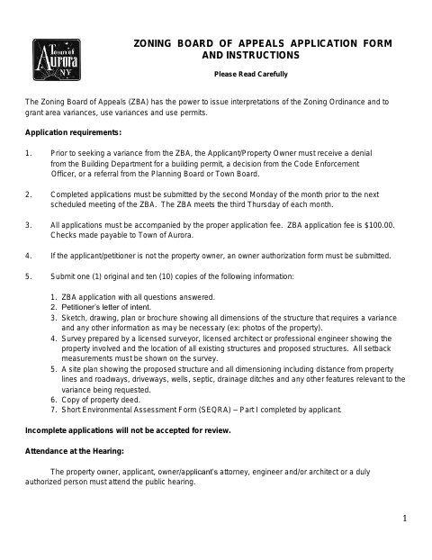 First page of the Zoning Board of Appeals Application