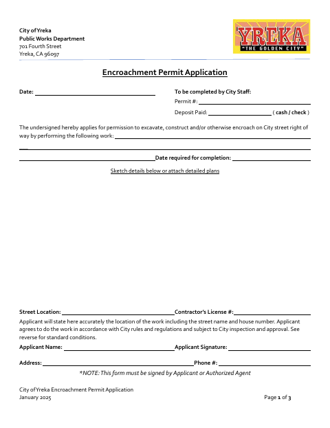 First page of the Encroachment Permit Application