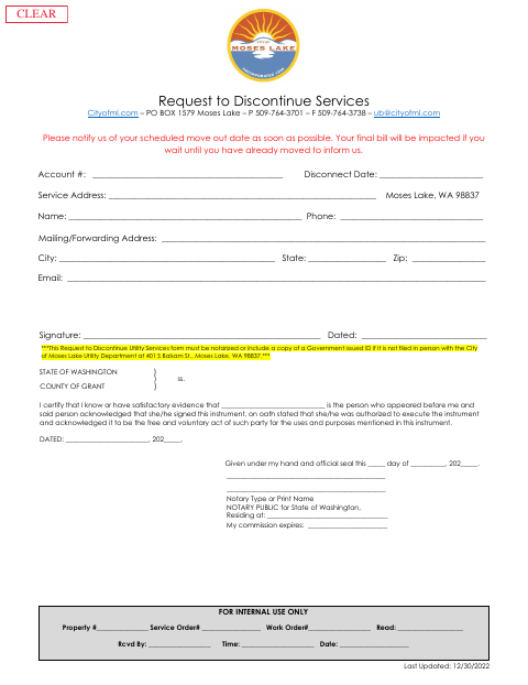 First page of the Request to Discontinue Services