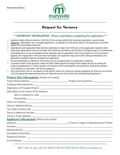 First page of the Request for Variance Application and Checklist