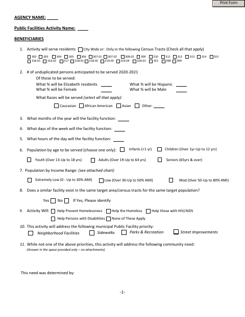 First page of the Public Facilities Activity Application