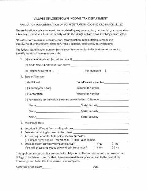 First page of the Application for Certification of Tax Registration