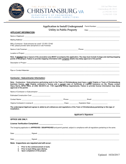 First page of the Application to Install Underground Utility in Public Property