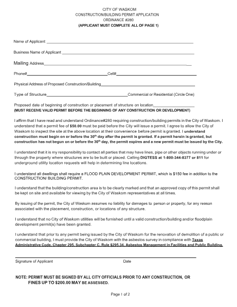 First page of the Construction/Building Permit Application