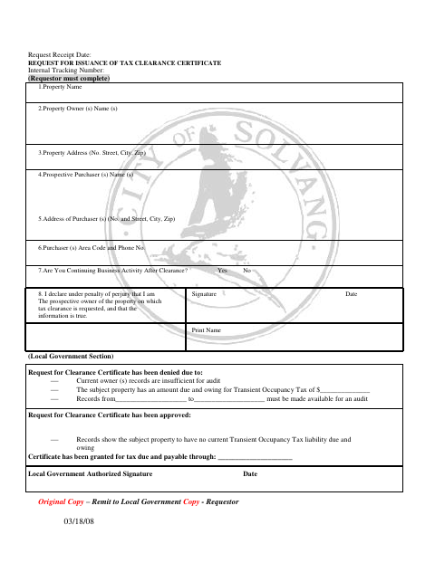 First page of the Request for Issuance of Tax Clearance Certificate