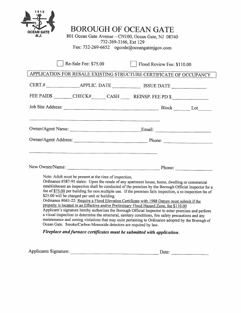 First page of the Application for Resale Existing Structure Certificate of Occupancy