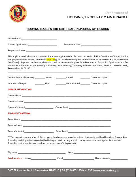 First page of the Housing Resale & Fire Certificate Inspection Application