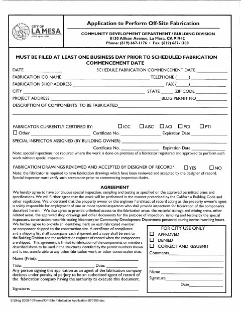 First page of the Off-Site Fabrication Application